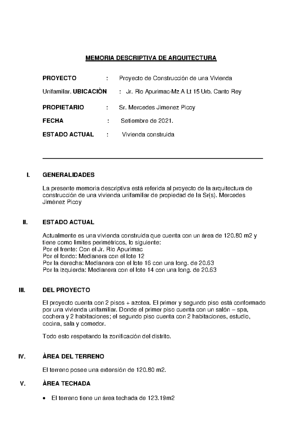 Memoria Descriptiva del Proyecto de Vivienda Unifamiliar - Setiembre ...