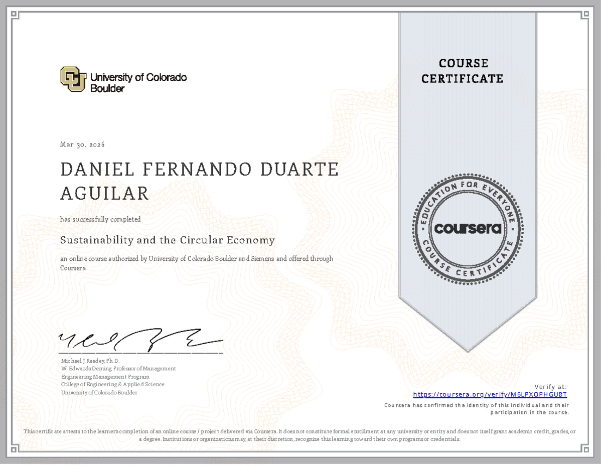 Sustainability and the Circular Economy Course Certificate - Daniel ...