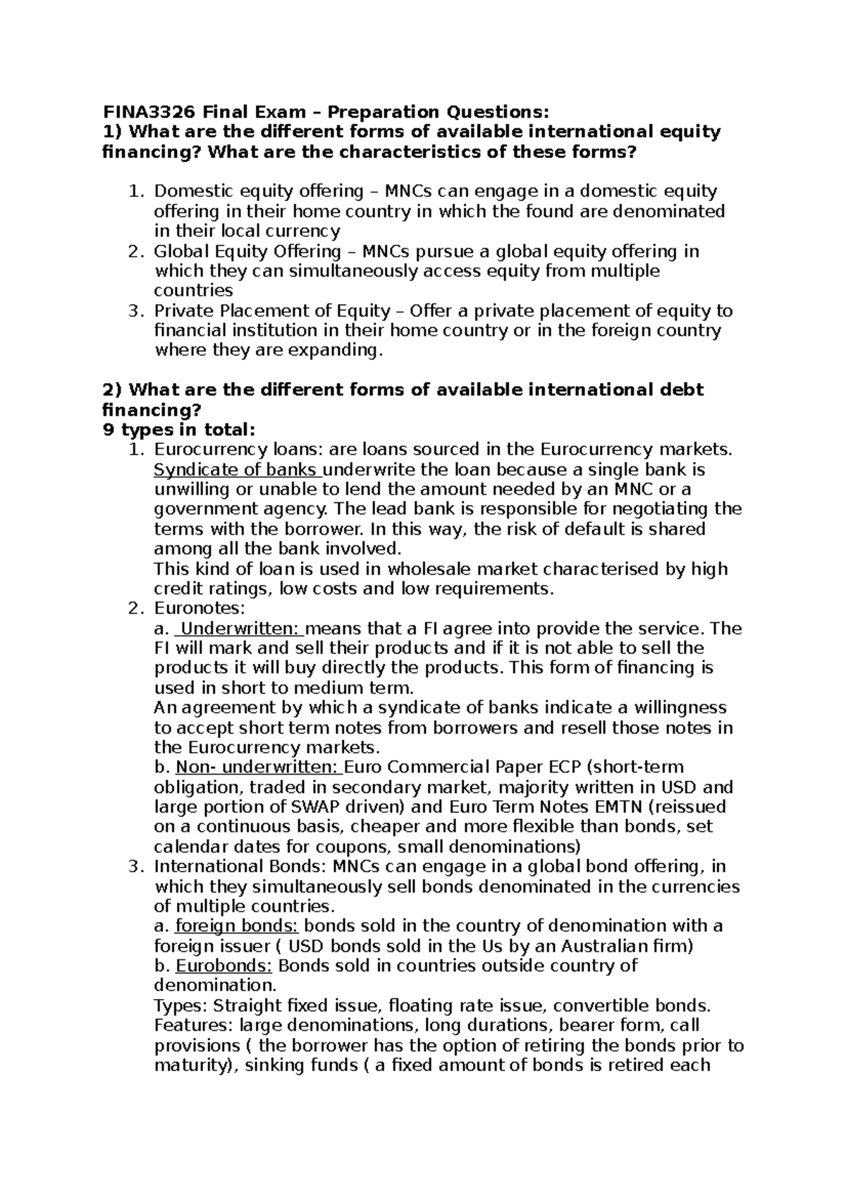 FINA3326 Final Exam Study Guide – Key Topics and Questions - Studocu