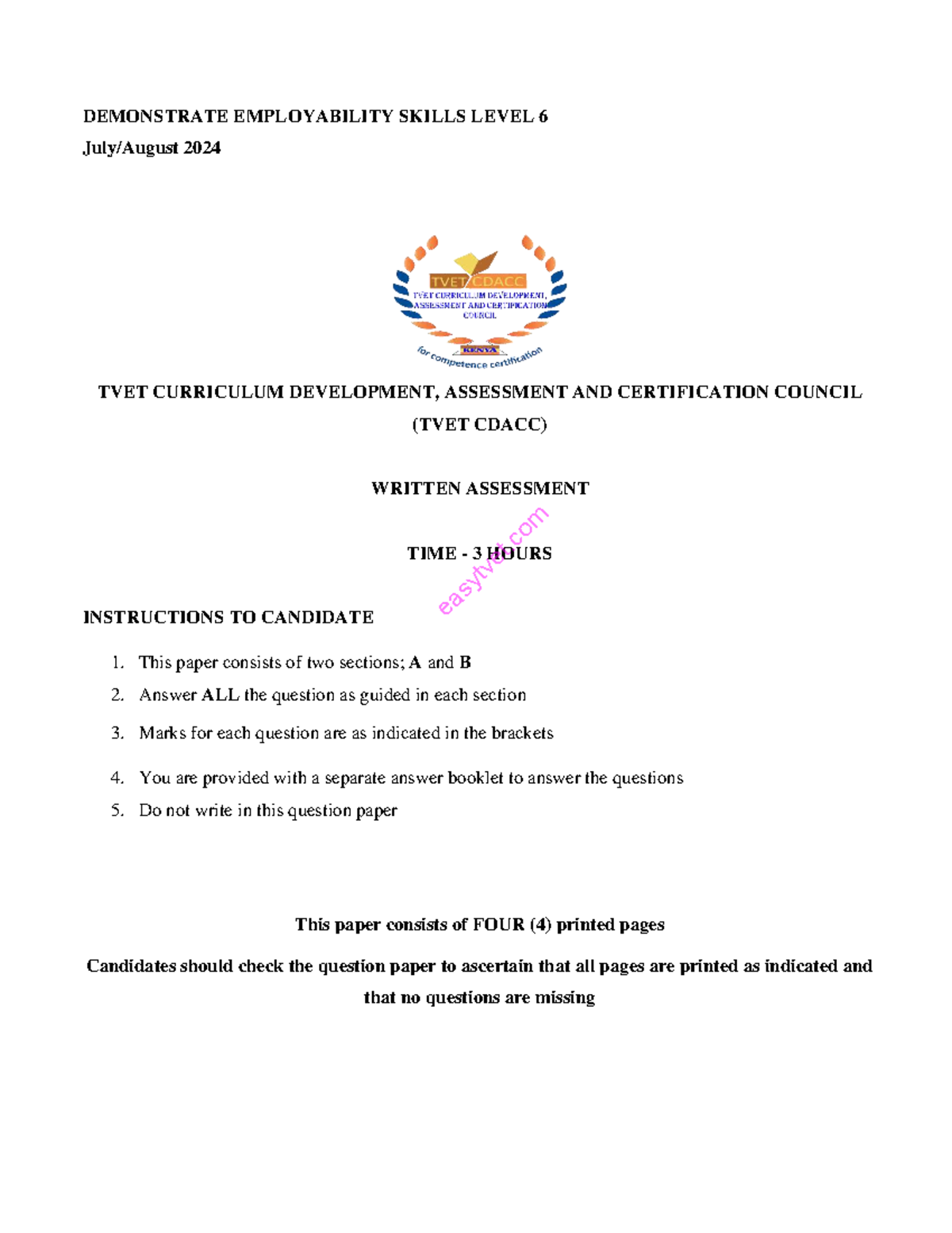 Level 6 Employability Skills Written Assessment Instructions 2024 TVET ...