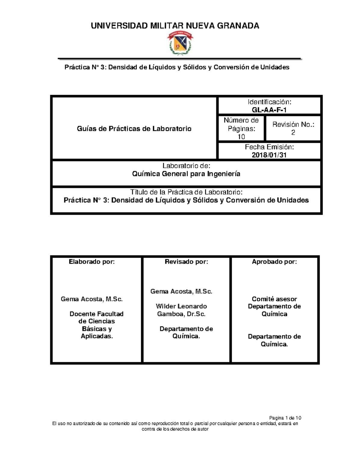 Práctica 3: Densidad de Líquidos y Sólidos - Química General (UMNG) - Document Preview