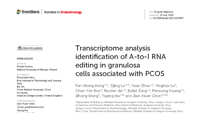 Transcriptome Analysis of RNA Editing in Granulosa Cells and PCOS - Studocu