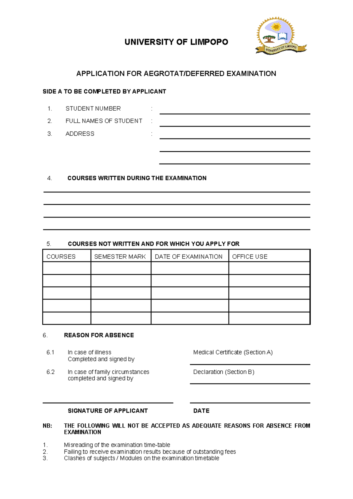 UNIVERSITY OF LIMPOPO AEGROTAT EXAM APPLICATION FORM - Studocu