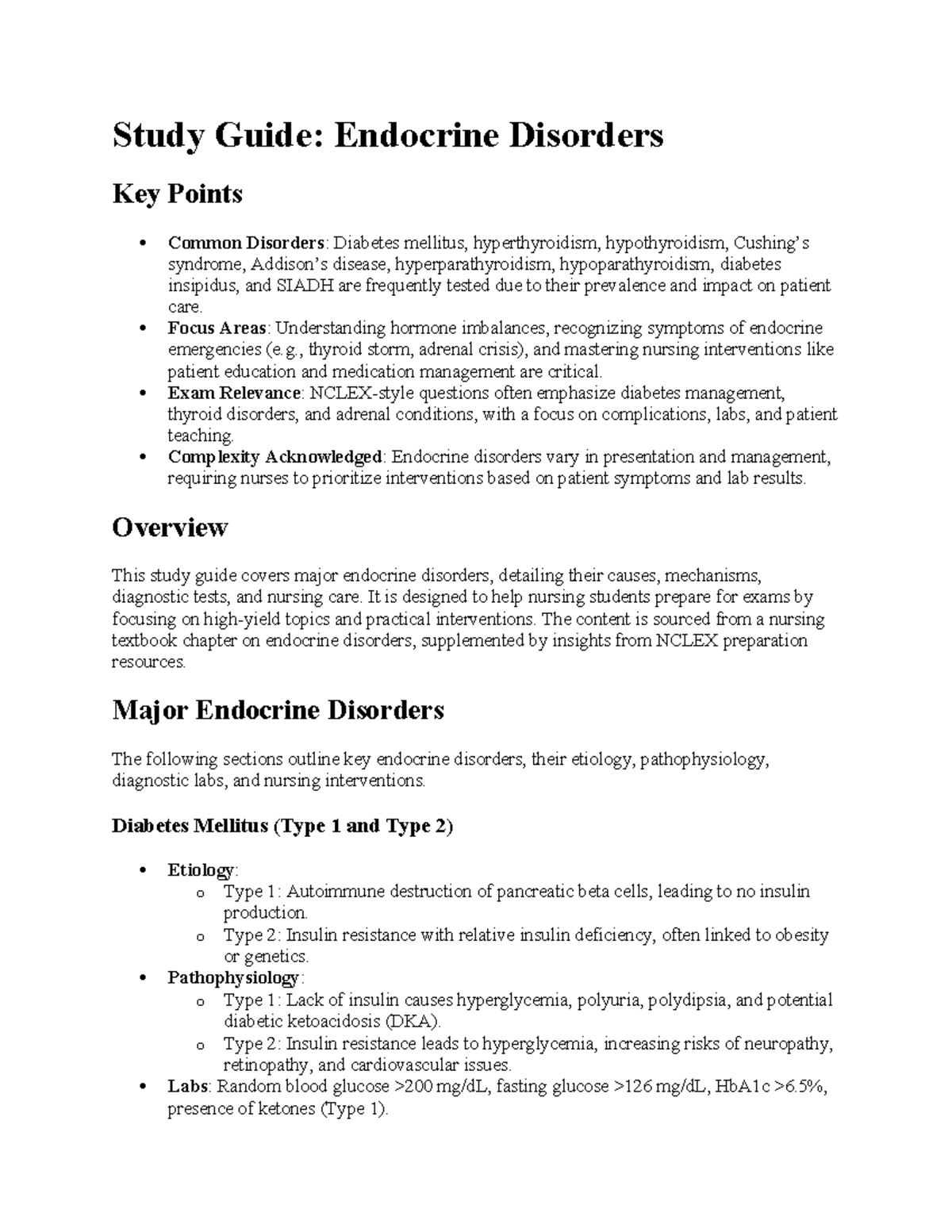 Endocrine Disorders Study Guide: Key Points for Nursing Exams - Studocu