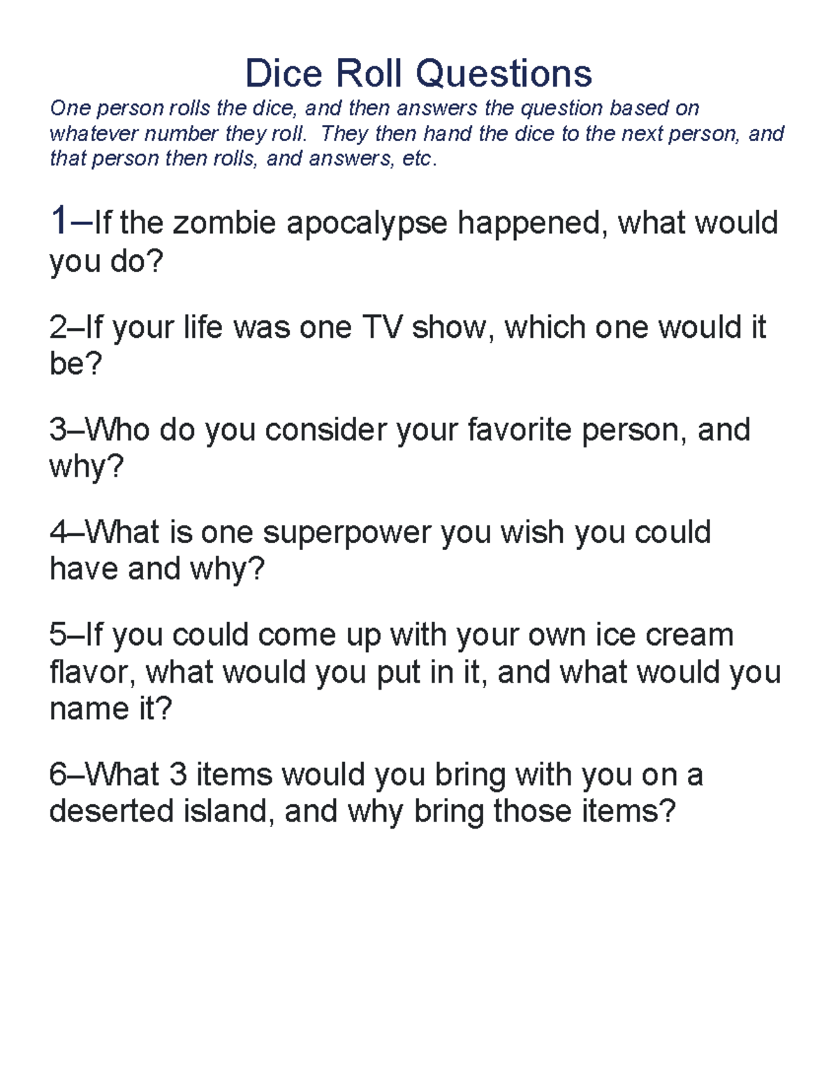 Dice Roll Questions for Community Building Activities - Studocu