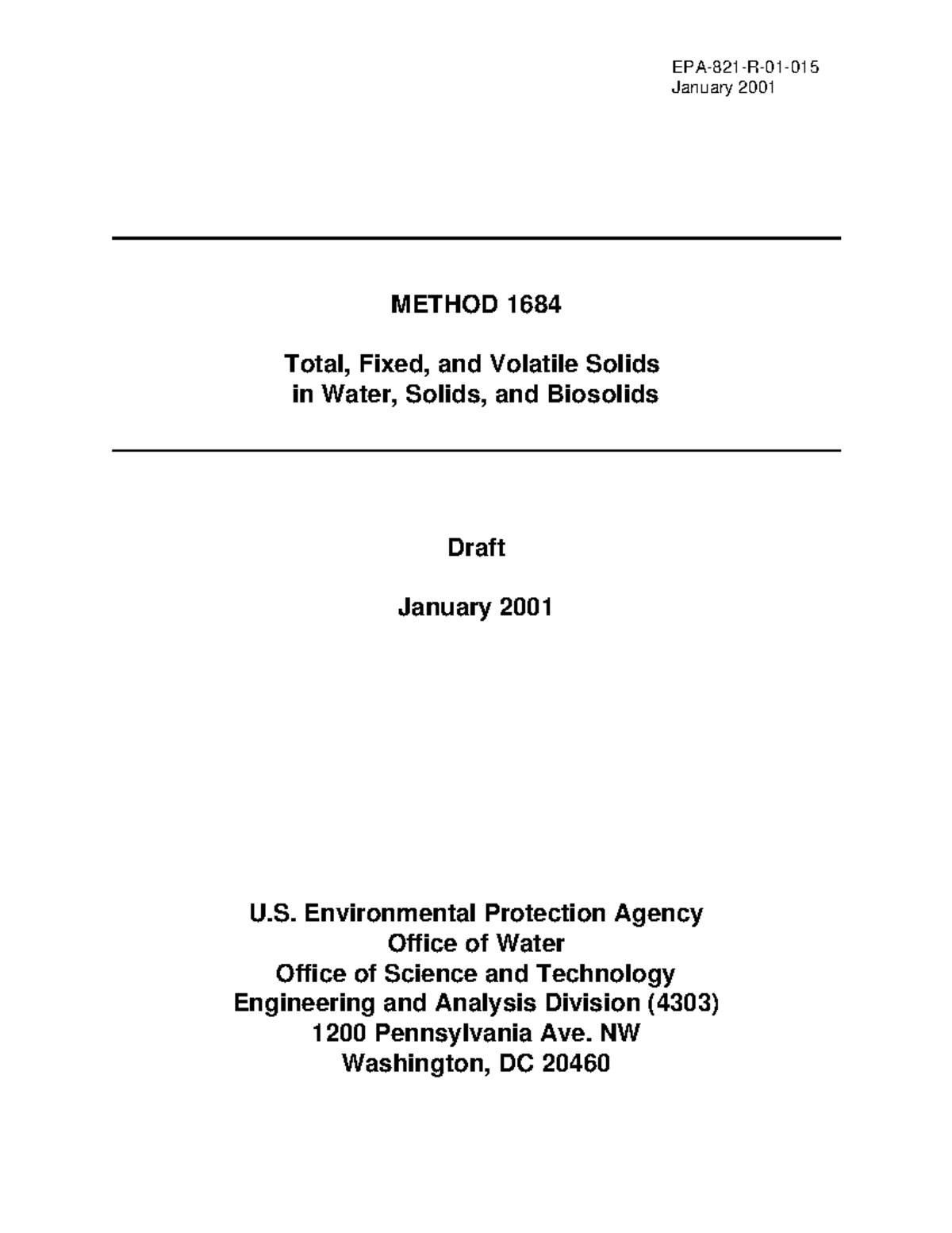 Draft Method 1684: Total, Fixed, & Volatile Solids Analysis in Water ...