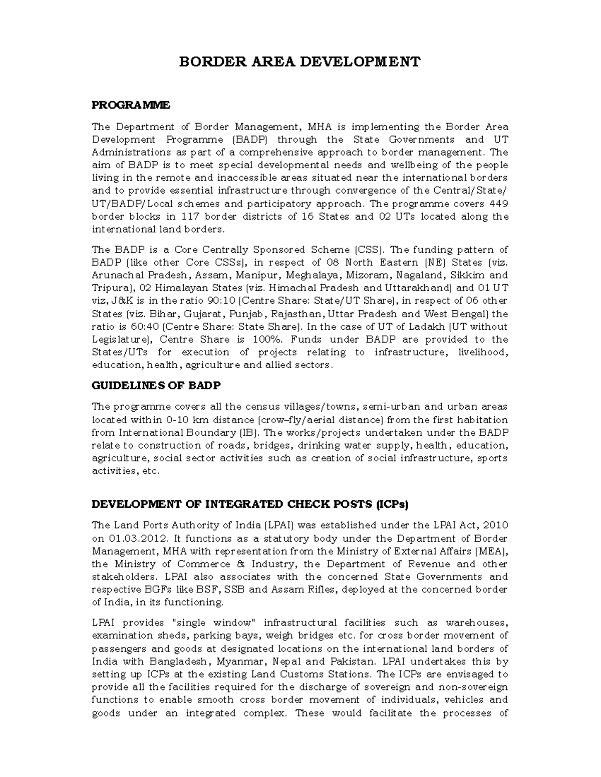BORDER AREA DEVELOPMENT PROGRAMME: Overview and Guidelines - Studocu