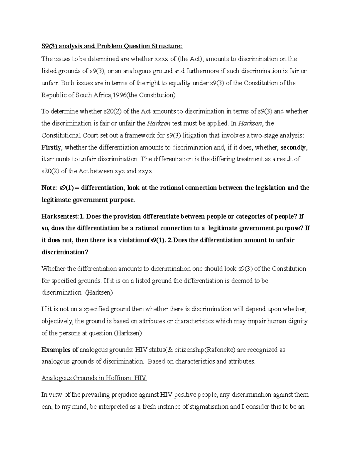S9(3) Analysis & Harksen Test: Discrimination Framework in Pepuda - Studocu