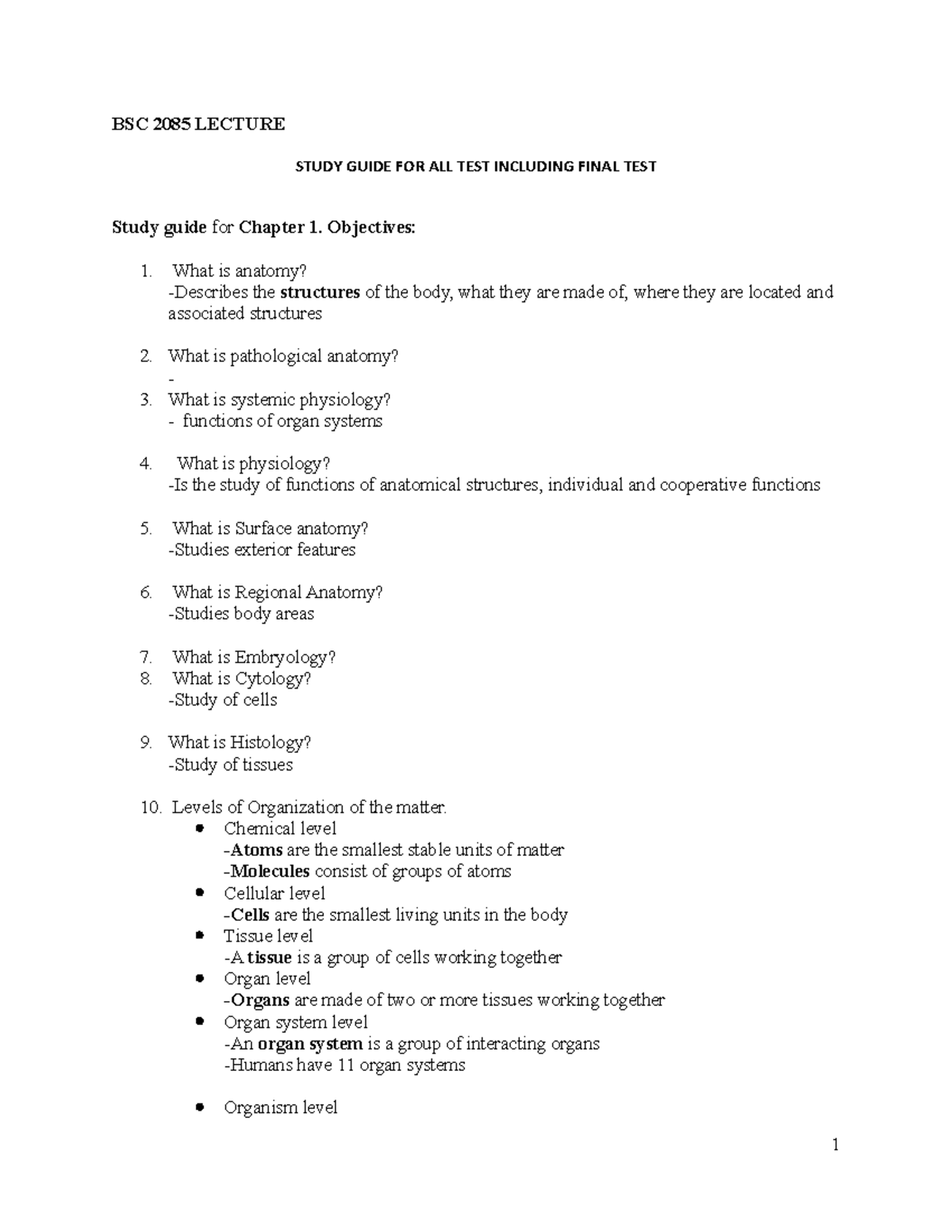 BSC 2085 Comprehensive Study Guide for All Tests & Finals - Studocu