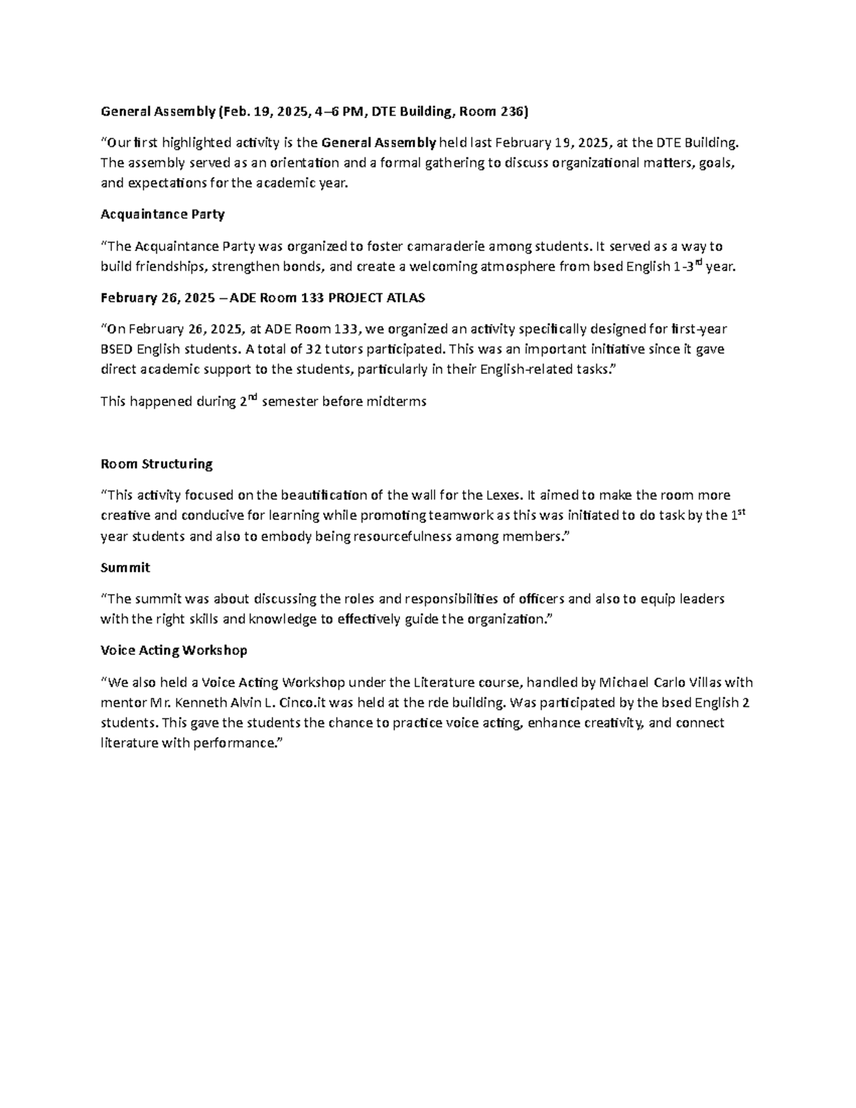 General Assembly & Activities Overview for BSED English Students - Studocu