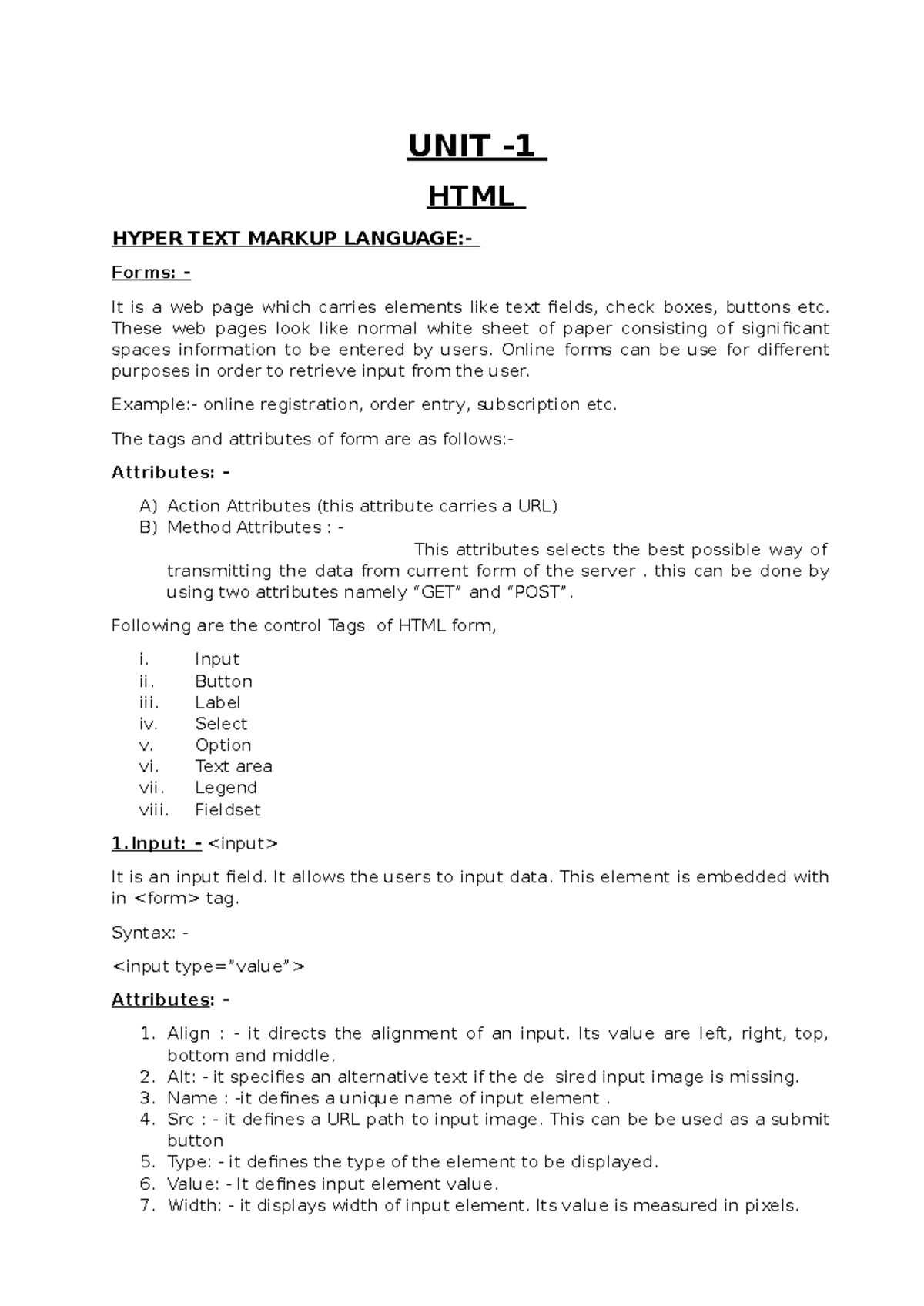 UNIT -1 WEB TECHNOLOGY: Understanding HTML Forms and Tables - Studocu