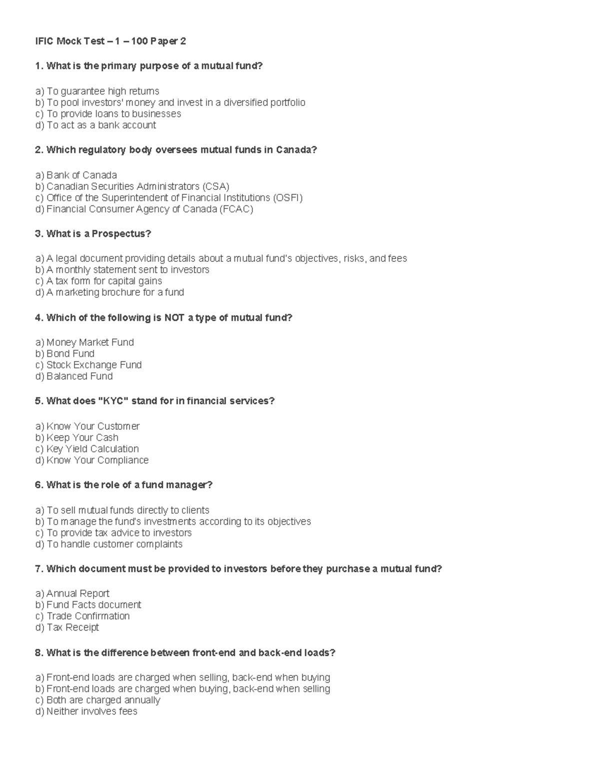 IFIC Mock Test 1: Comprehensive Review of Mutual Funds and Regulations ...