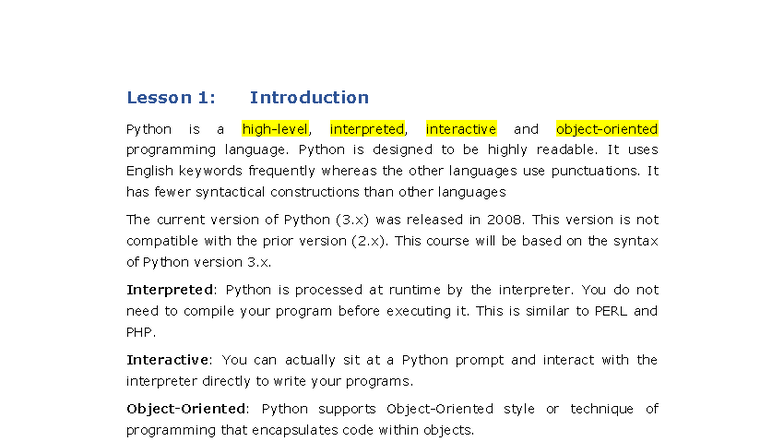 Lesson 01: Introduction to Python Programming Language - Studocu
