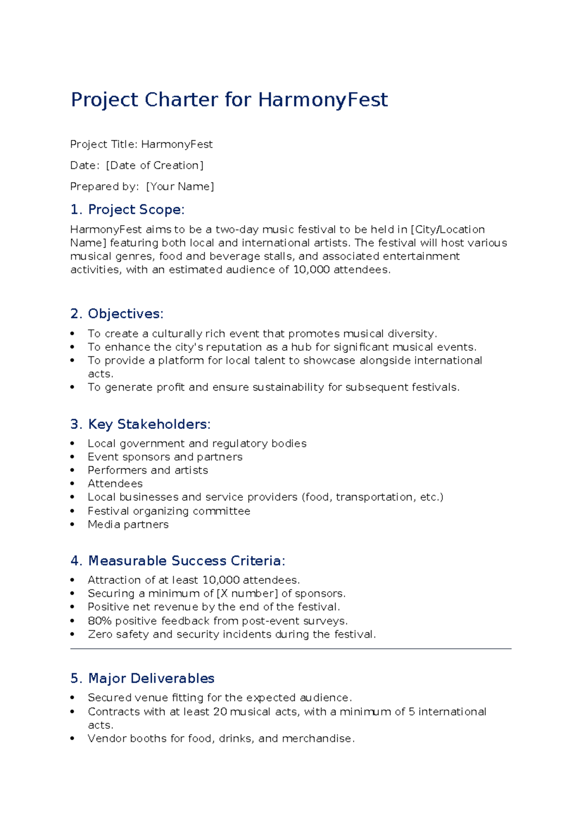 Project Charter for Template Example - Project Charter for HarmonyFest ...