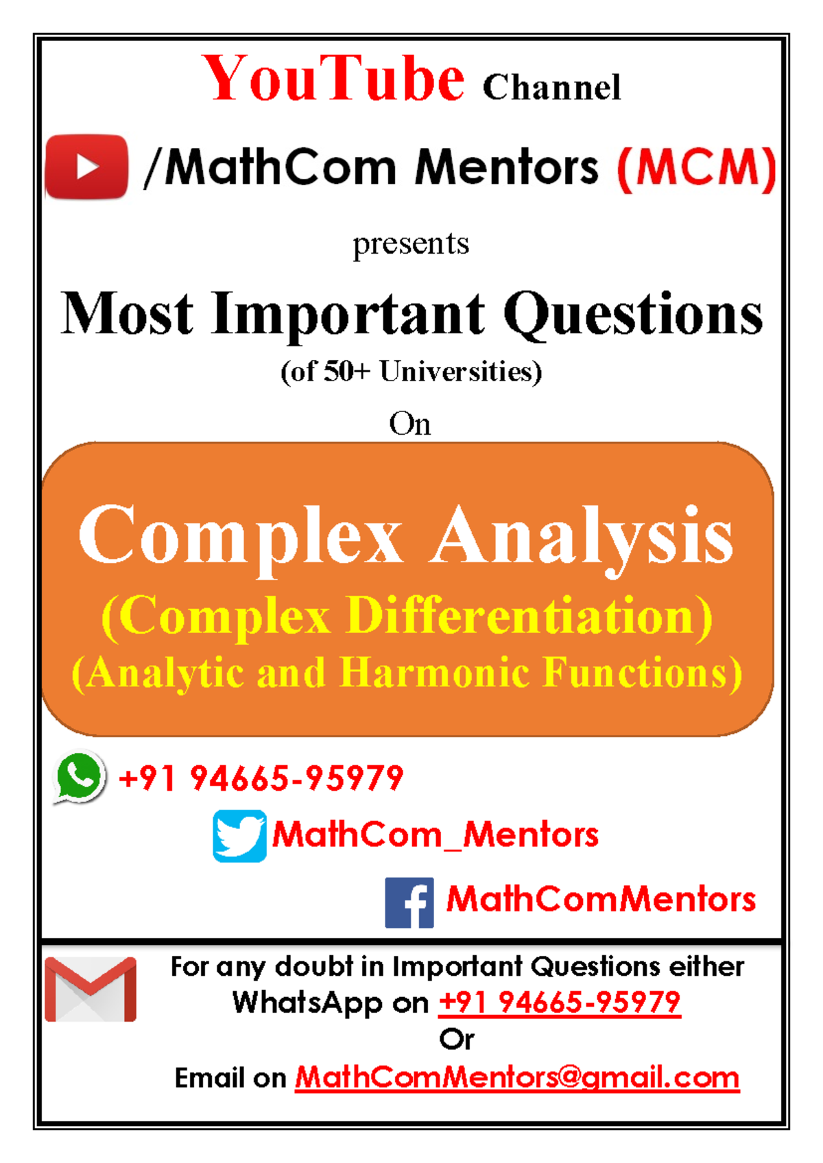 CA - Complex Analysis (Analytic & harmonic) Important Questions PDF ...