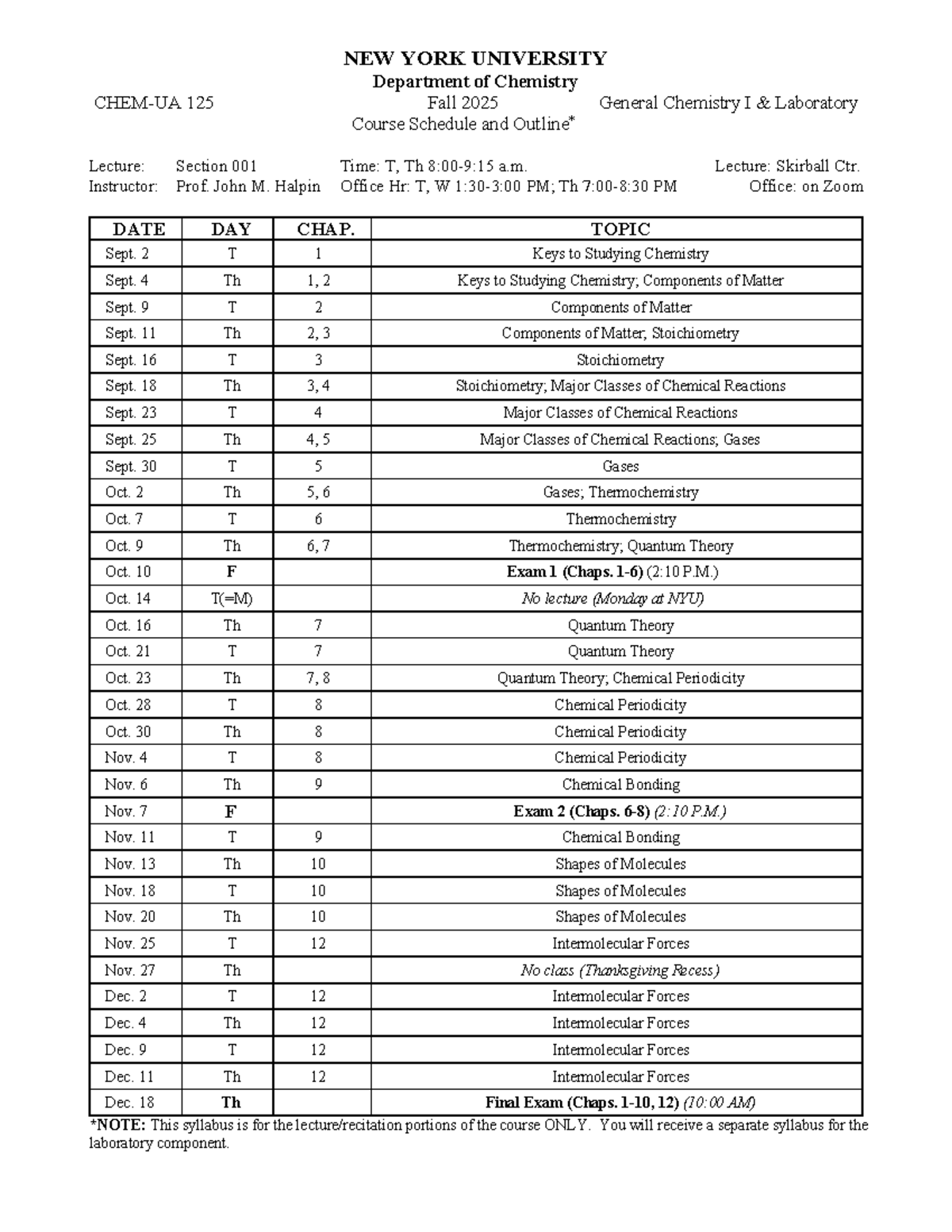 General Chemistry I (CHEM 125) Fall 2025 Lecture Schedule - Studocu