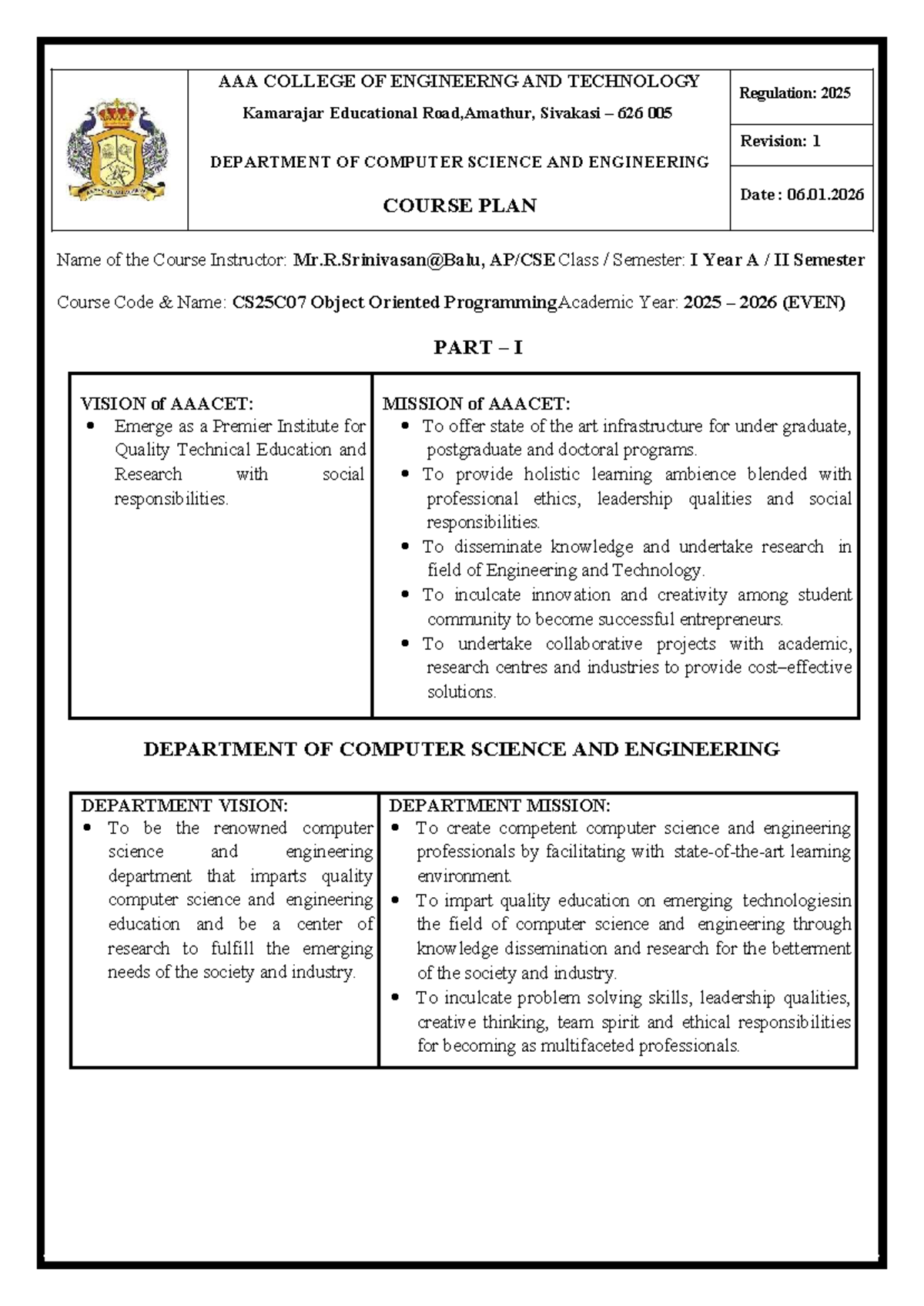 CS25C07 Course Plan: Object Oriented Programming - 1st Year II Sem ...