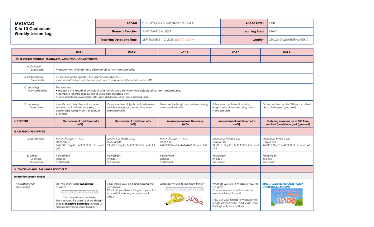 W2 Q2 MATH1 Matatag Weekly Lesson Log on Measurement - Studocu