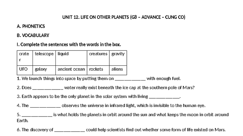 G8 - UNIT 12: Life on Other Planets & Review 4 (Cung Co) - Studocu