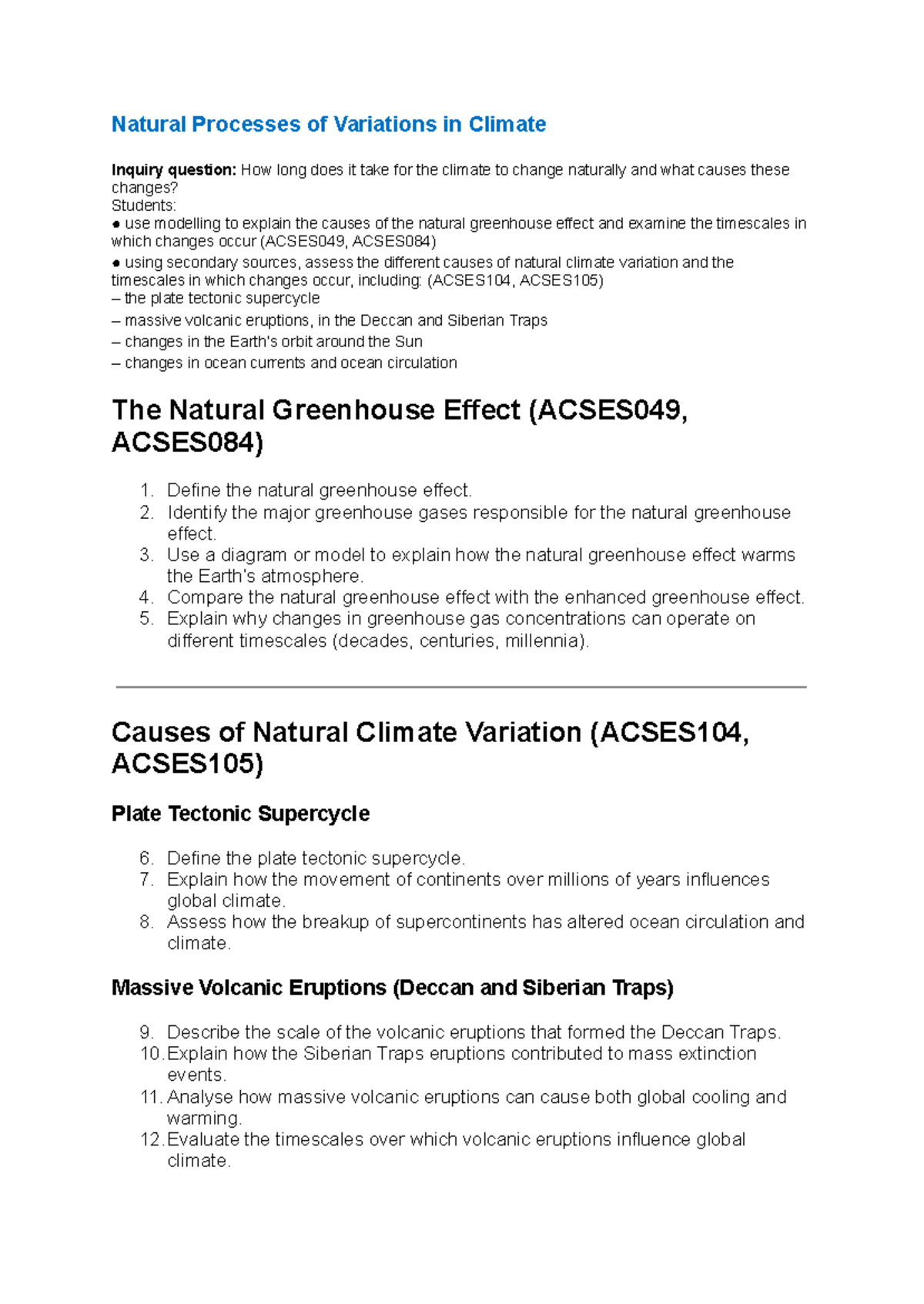 Natural Climate Variations: Causes & Timescales (ACSES049, ACSES084 ...
