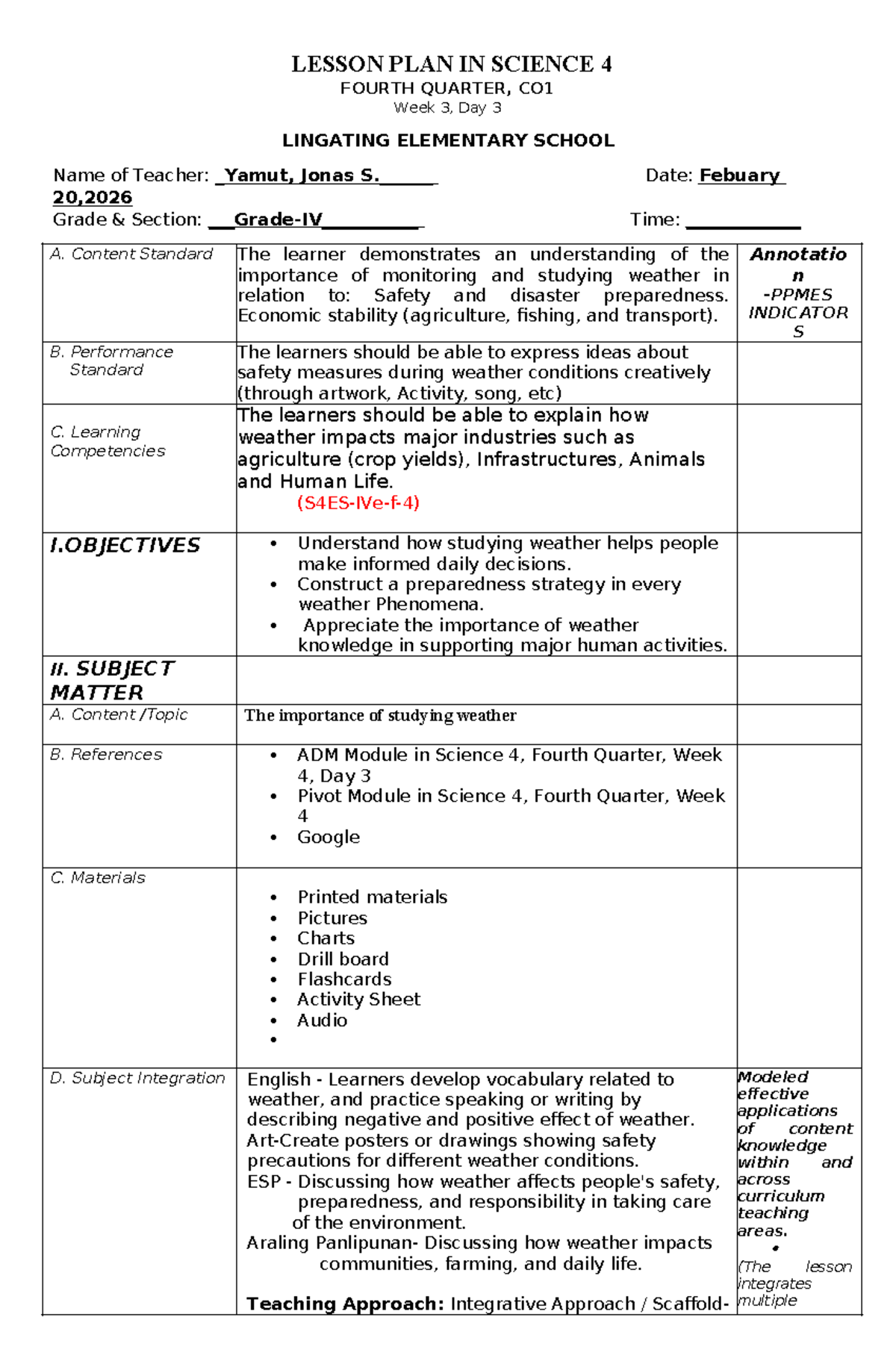 LESSON PLAN IN SCIENCE 4: WEATHER STUDY AND SAFETY (CO1, Q4, W3) - Studocu