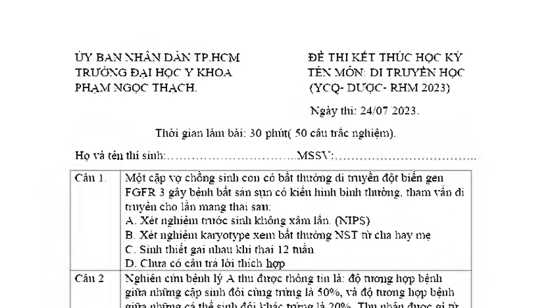 Đề Thi Kết Thúc Học Kỳ: Di Truyền Học RHM 2023 (Y23) - Studocu