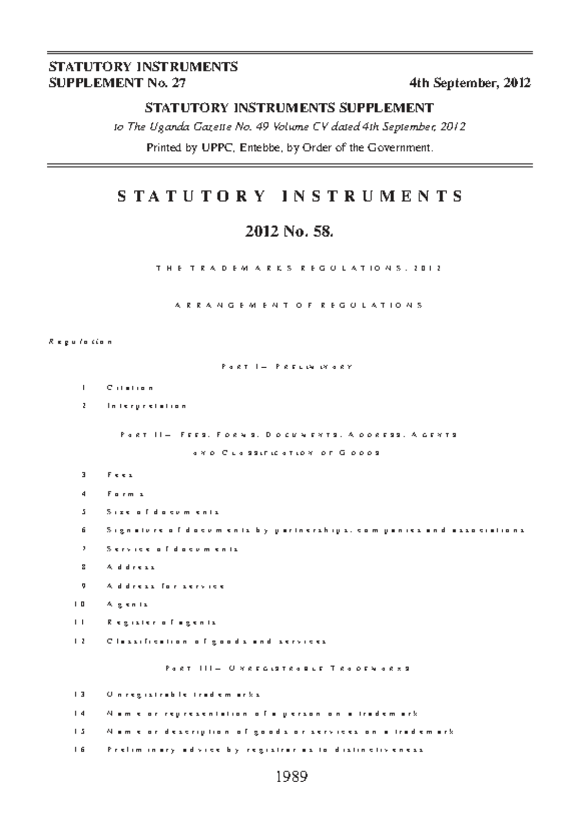 Trademarks Regulations 2012 - Statutory Instruments Supplement No. 58 ...
