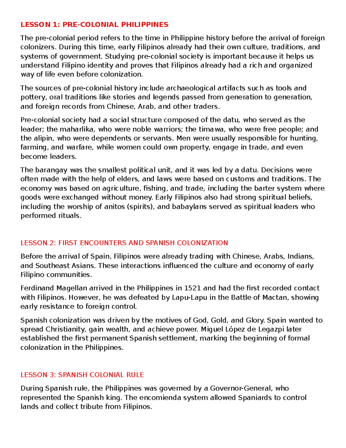RPH Lesson Summaries: Pre-Colonial to Spanish Rule - Studocu
