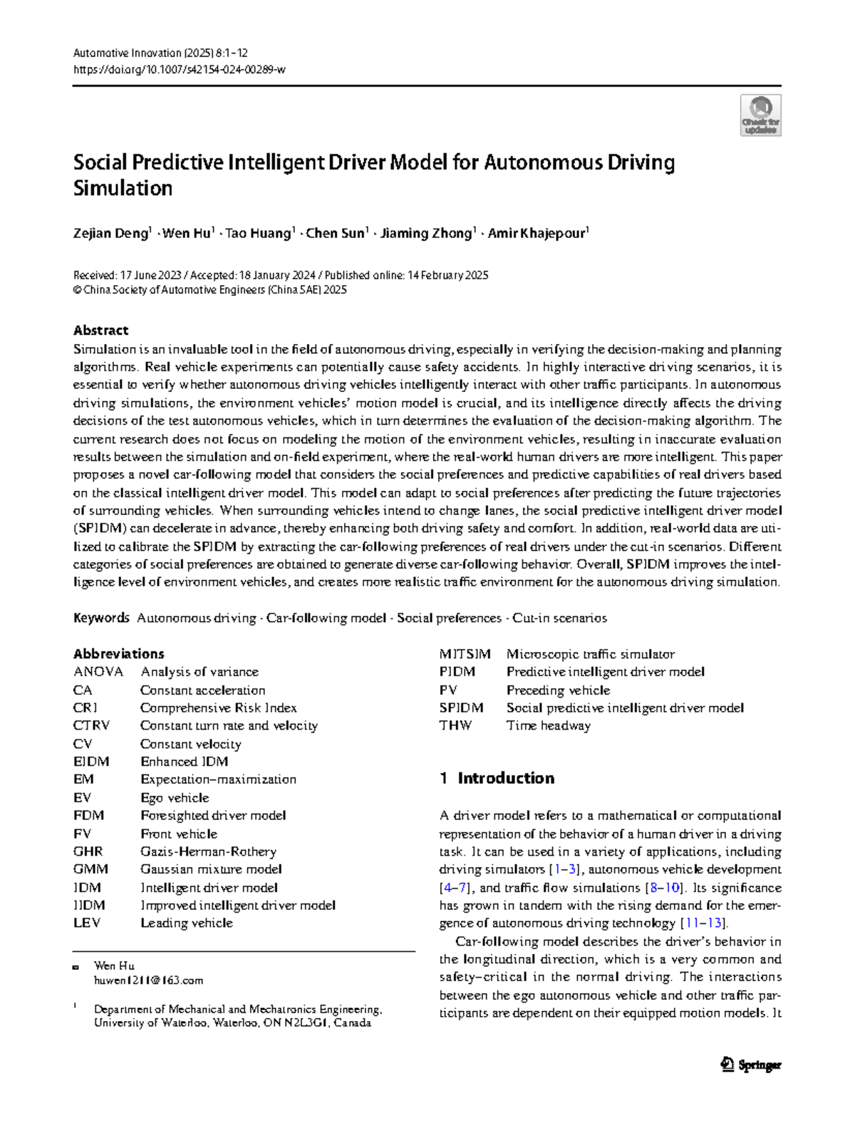 S42154 024 00289 w - Social Predictive Intelligent Driver Model for ...
