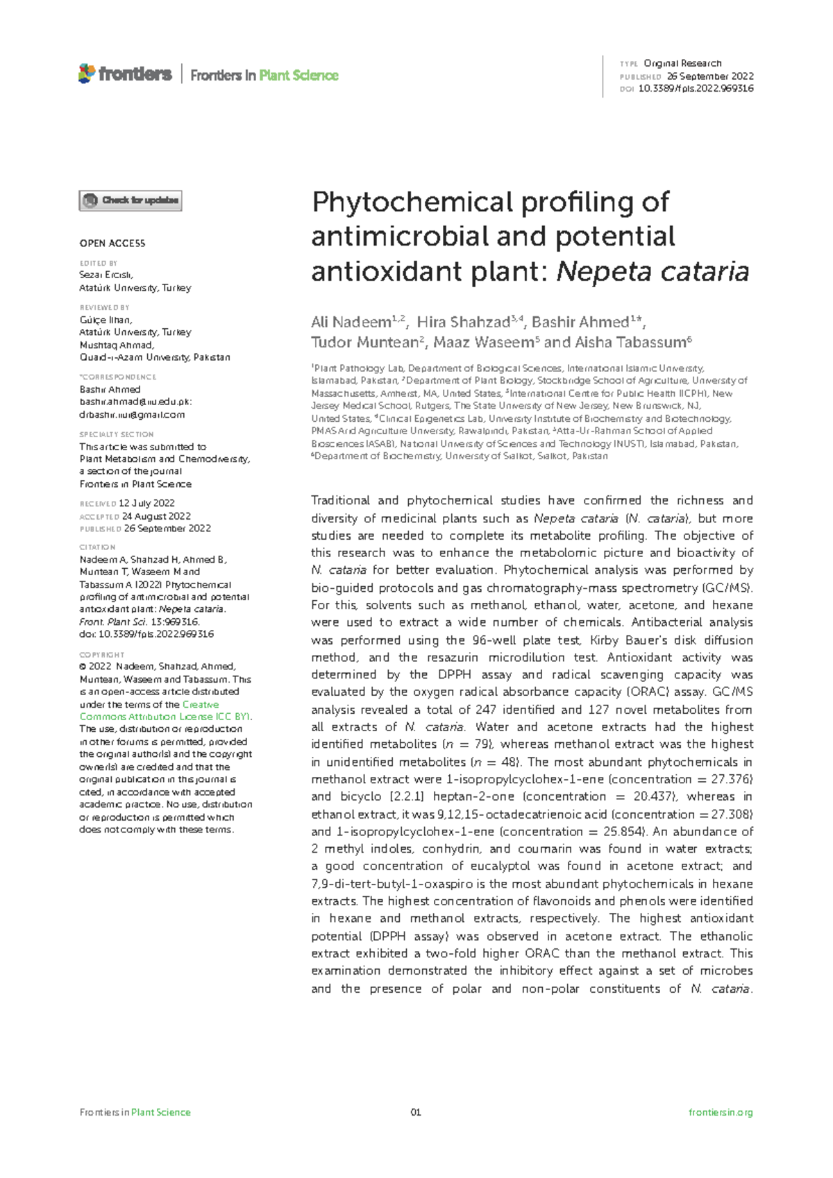 Phytochemical Profiling and Antimicrobial Activity of Nepeta cataria ...