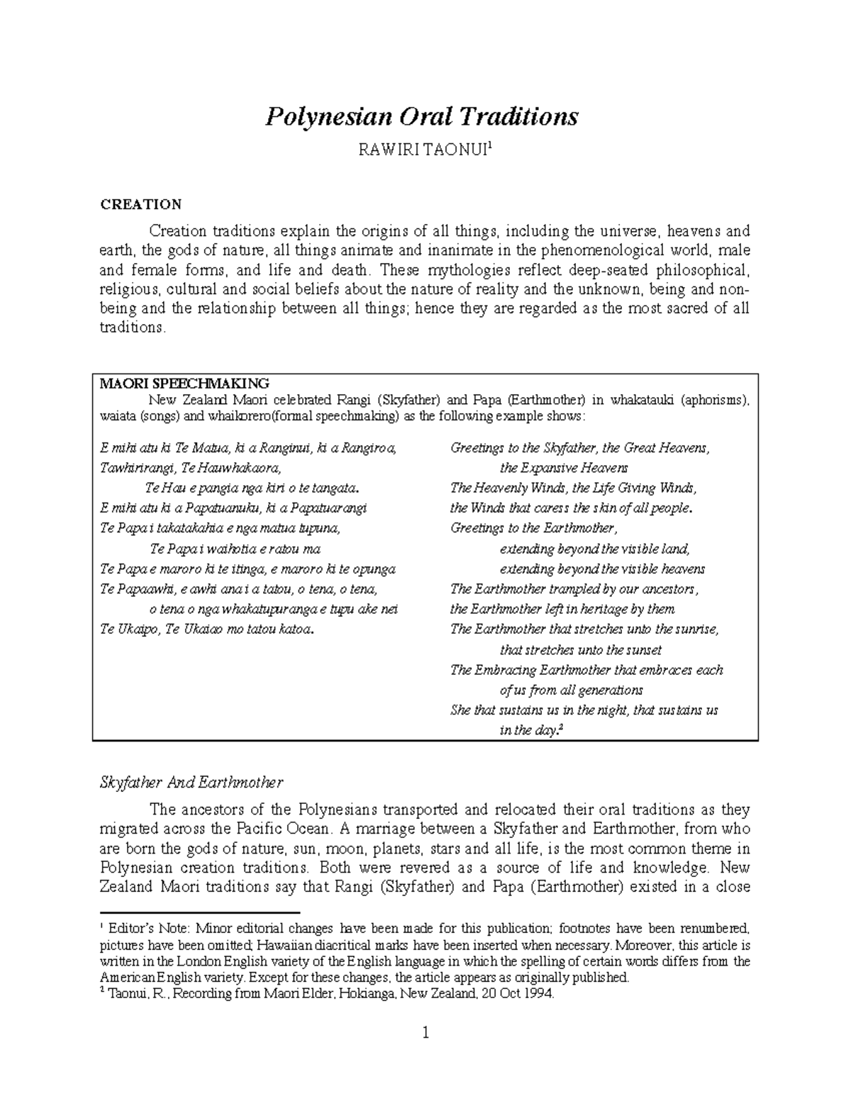 Polynesian Oral Traditions: Myths of Creation & Migration (Course Code ...