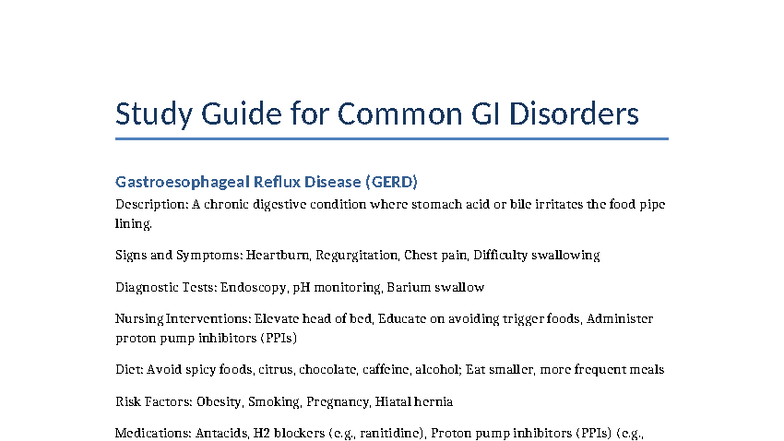 Study Guide for GI Disorders: GERD, IBS, PUD, and More - Studocu
