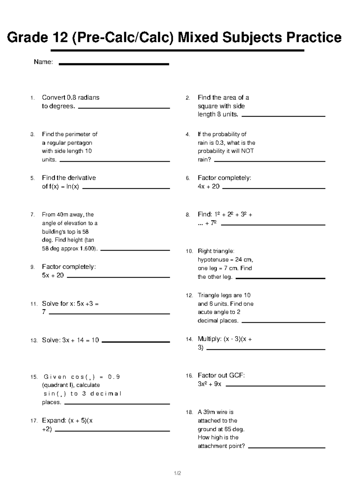 Calc) Grade 12 Mixed Subjects Practice Problems 26 - Studocu