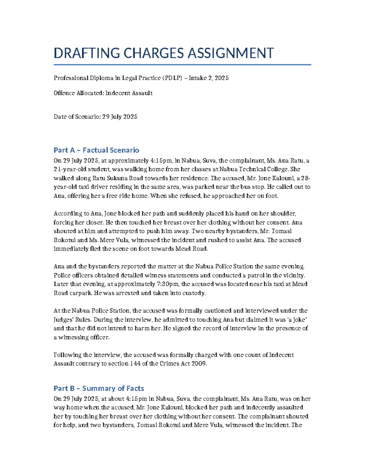Drafting Charges Assignment: Indecent Assault (PDLP) Intake 2, 2025 ...