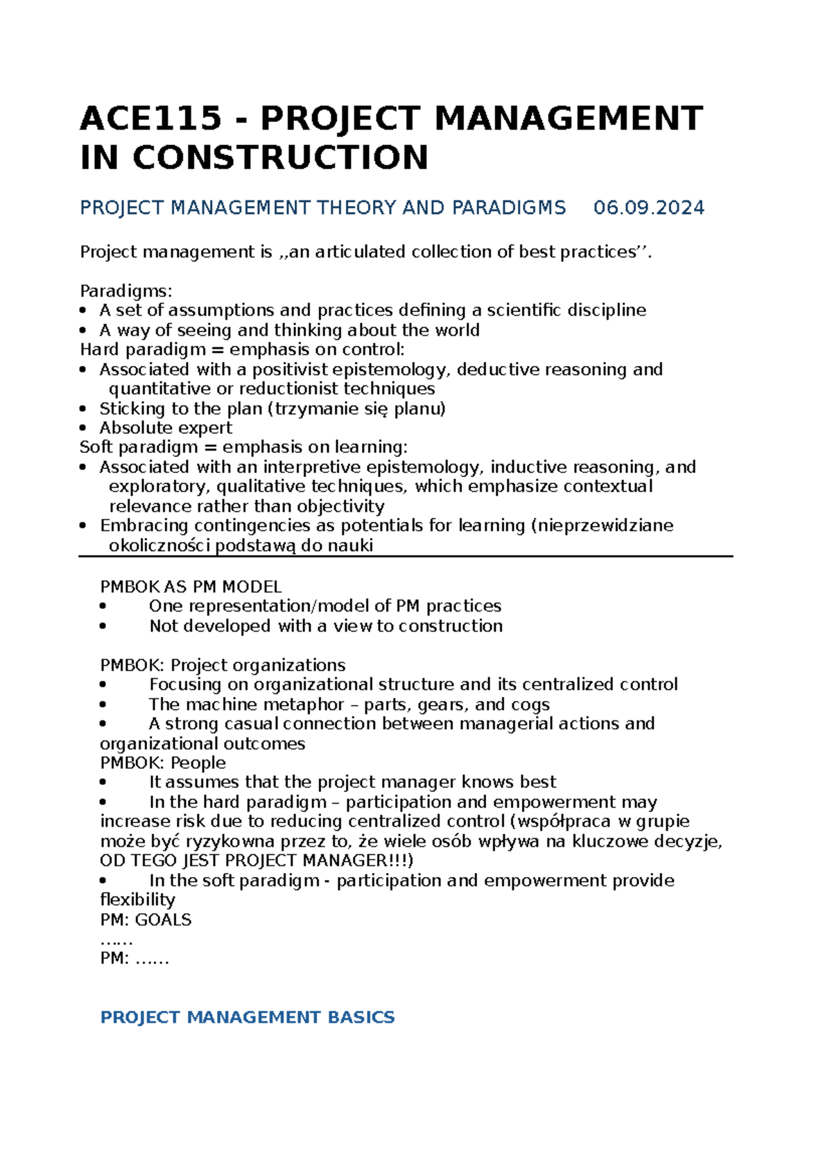 ACE115 - notes - ACE115 - PROJECT MANAGEMENT IN CONSTRUCTION PROJECT ...