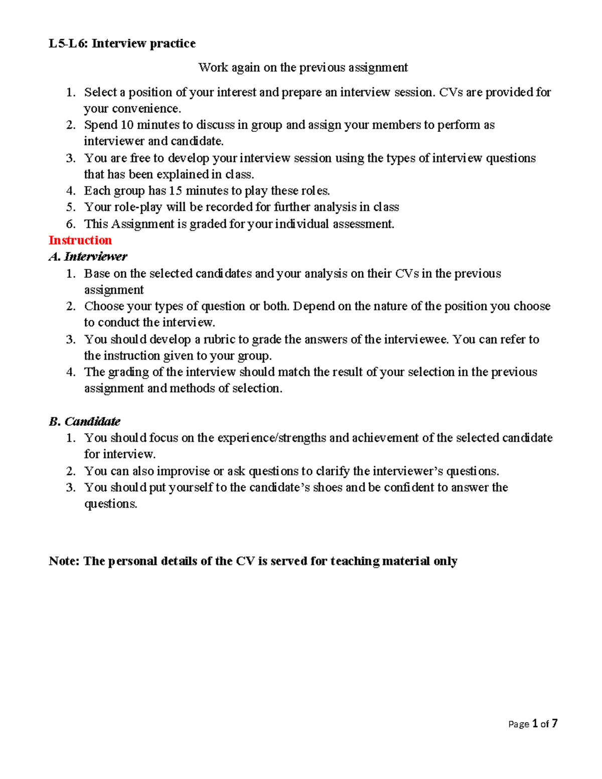 Candidate Resumes - Interview Practice for Assignment 1 - Studocu