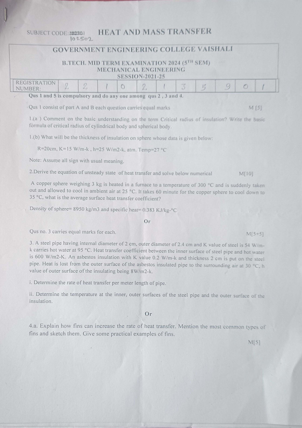 B.Tech 5th Sem Mid Term Exam: Heat and Mass Transfer (102301) - Studocu