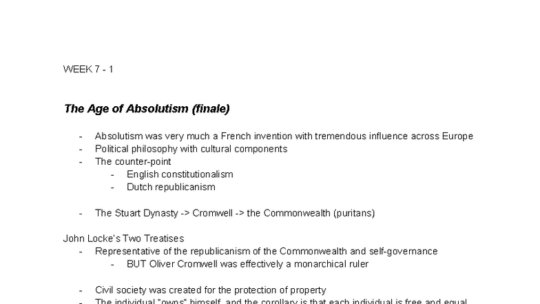 WEEK 7 - 1&2 - The Age of Absolutism & Enlightenment Notes - Studocu