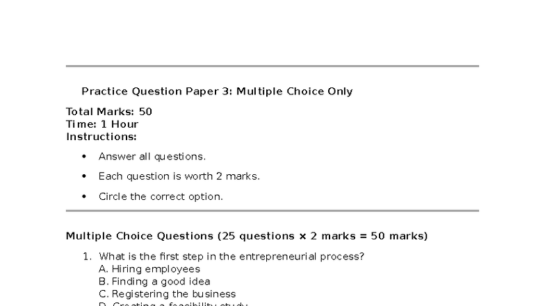 📘 Practice Question Paper 3: MCQs for Total Marks 50 - Studocu