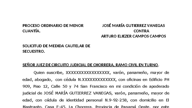 Solicitud de Medida Cautelar de Secuestro - Proceso Ordinario - Studocu