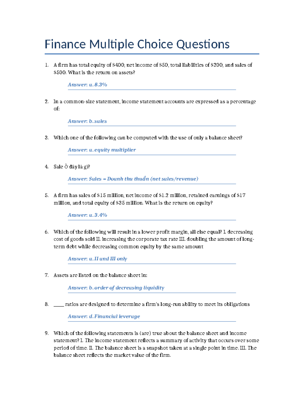 Finance MCQ Review for Exam Preparation - Studocu