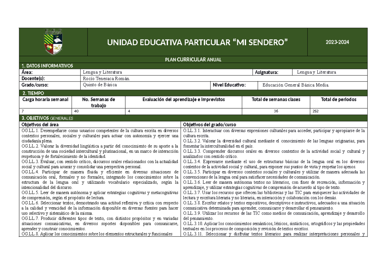 Planificación Curricular Anual 5TO Lengua y Literatura 2023 - Studocu
