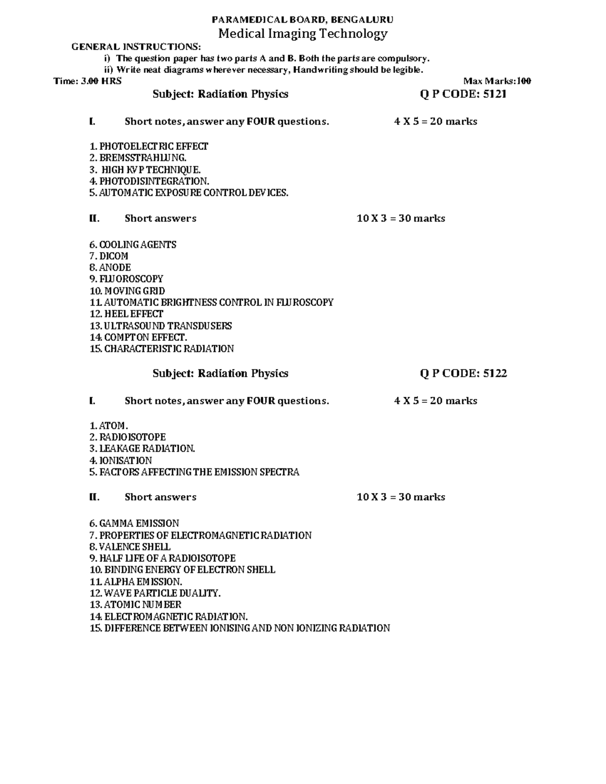 **MIT - Model Question Paper for Medical Imaging Technology QP 5121 ...