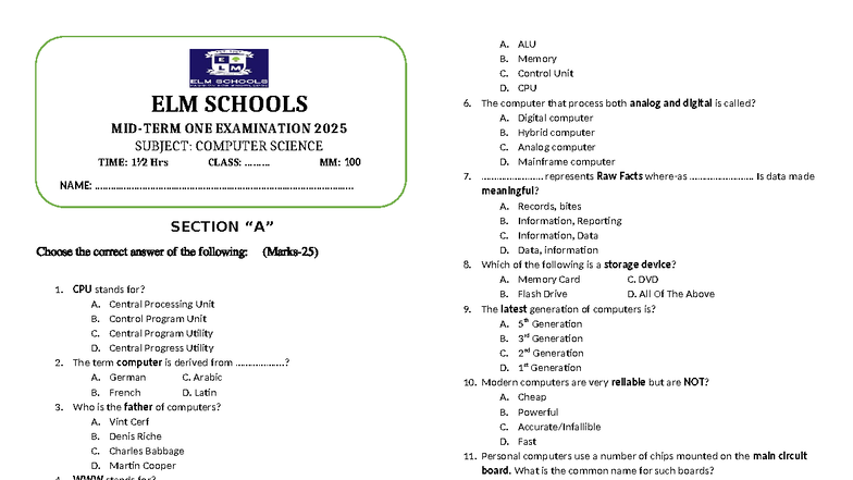 MID-Semester Exam 2025: Computer Science (ELM Schools) - Studocu