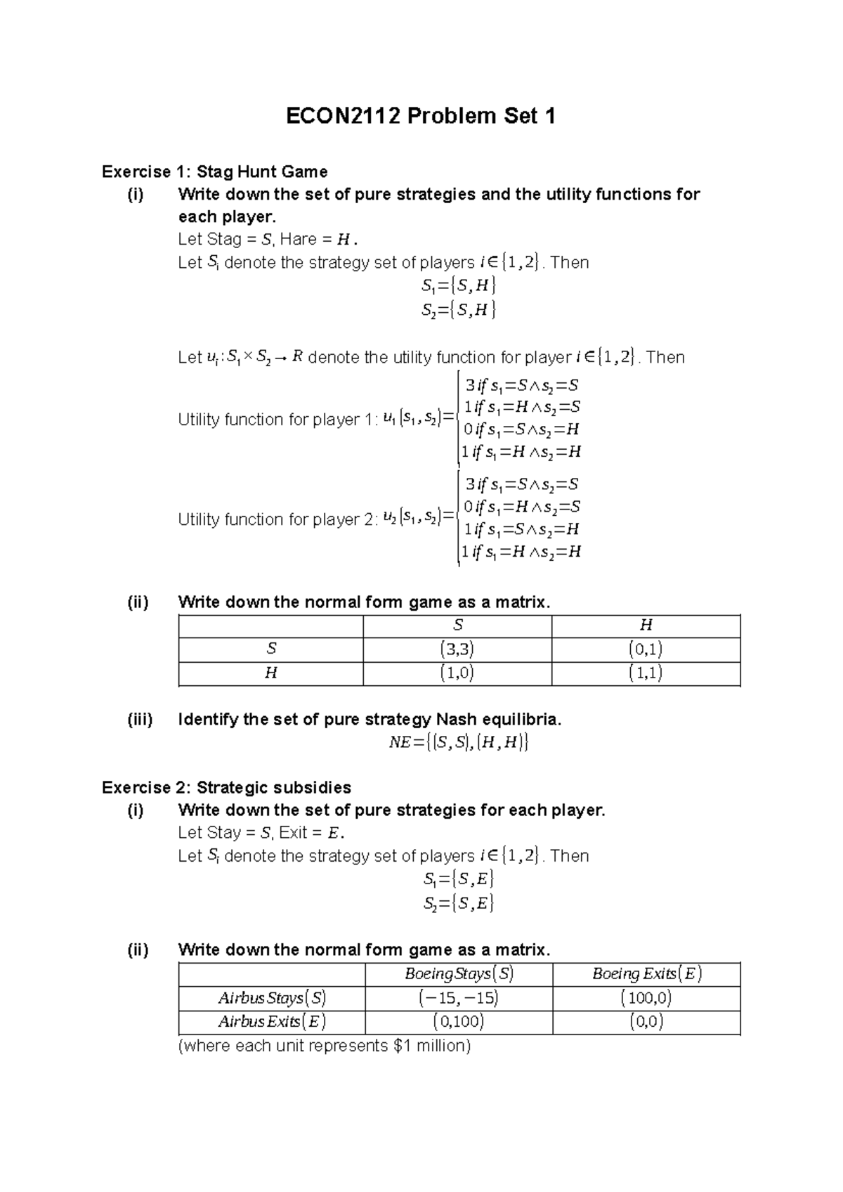 ECON2112 Problem Set 1 - Game Theory and Business Strategy - ECON2112 ...