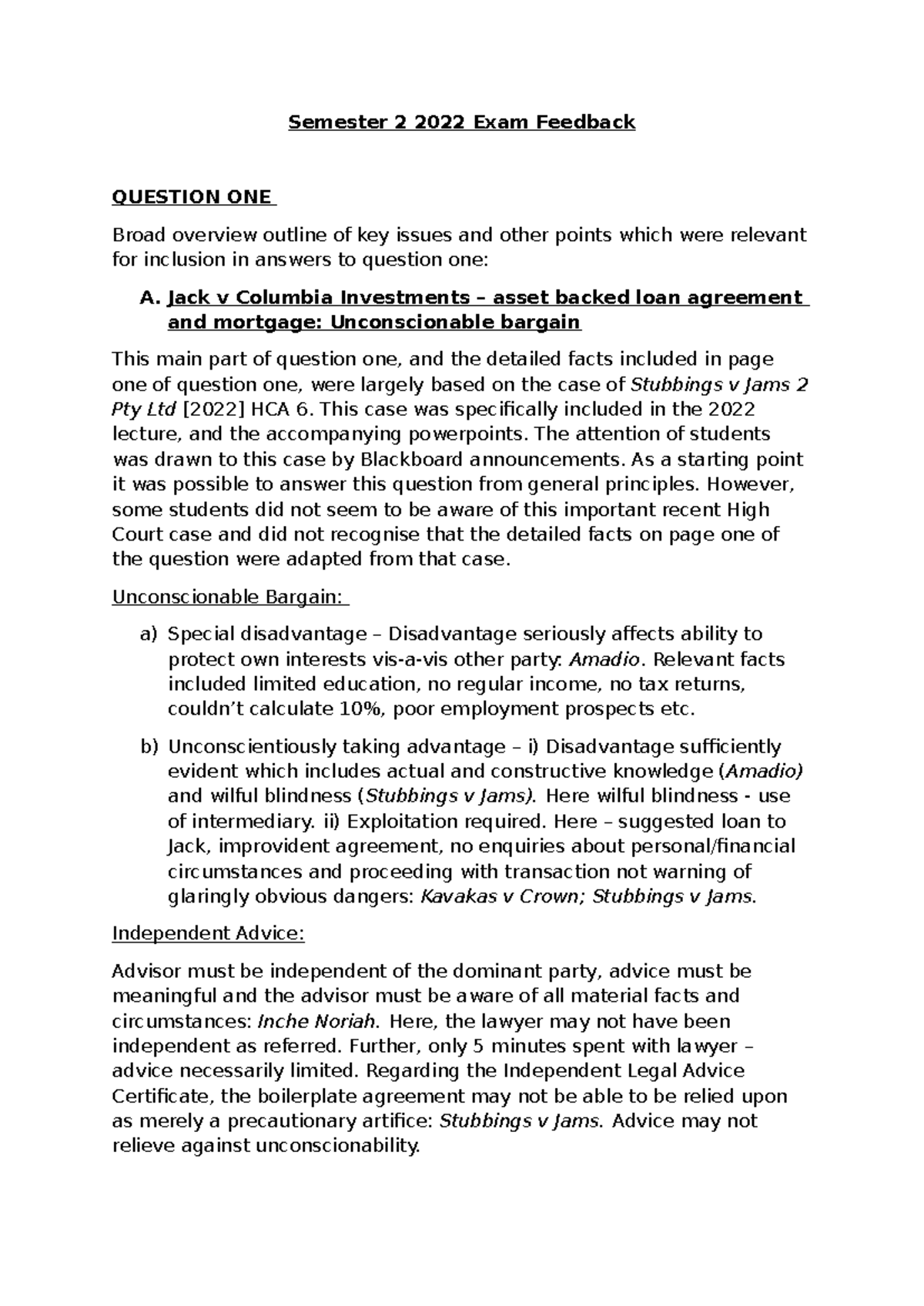 Semester 2 2022 Exam Feedback: Key Issues in Unconscionable Bargains ...