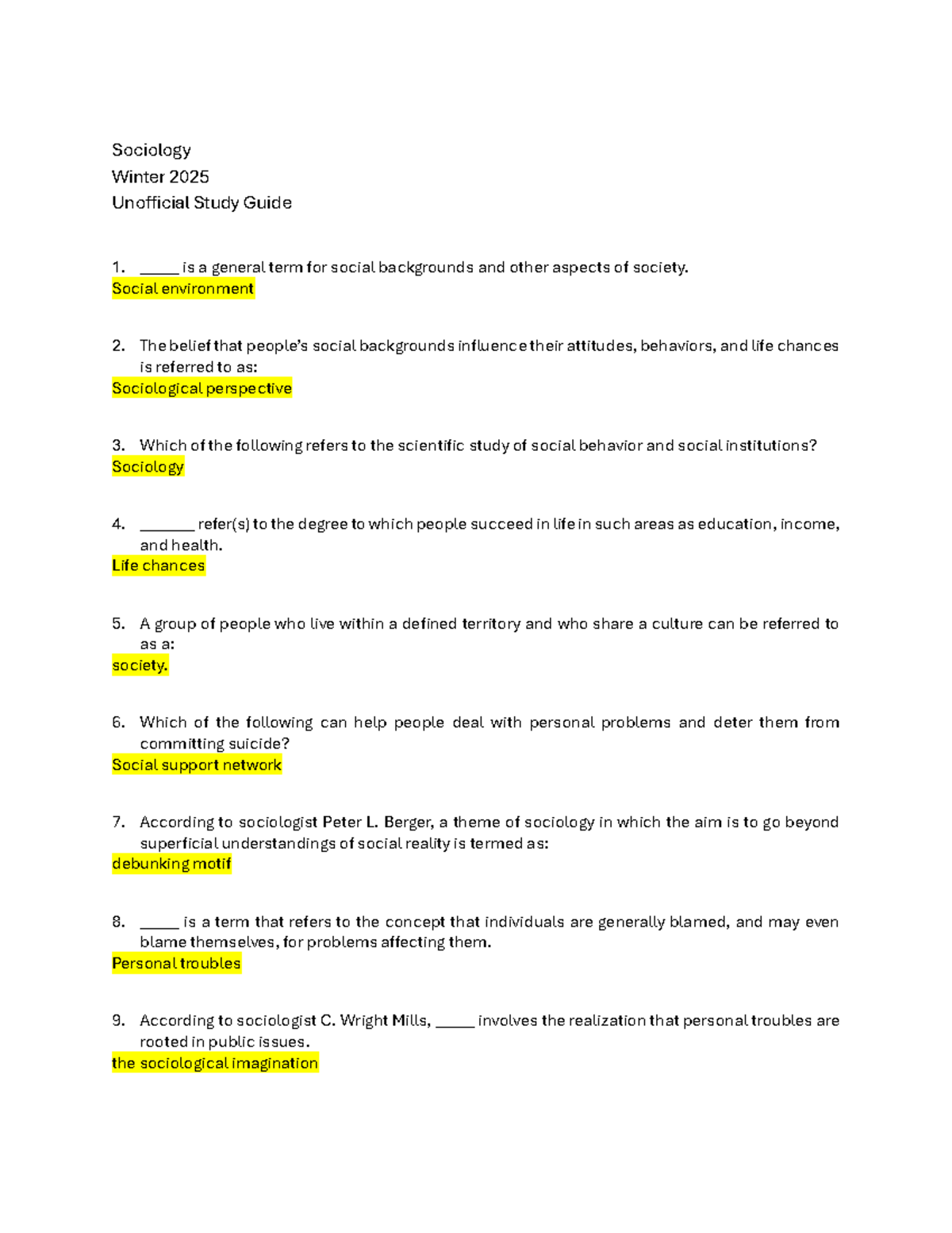 Sociology Winter 2025 Study Guide: Key Concepts and Theories - Studocu