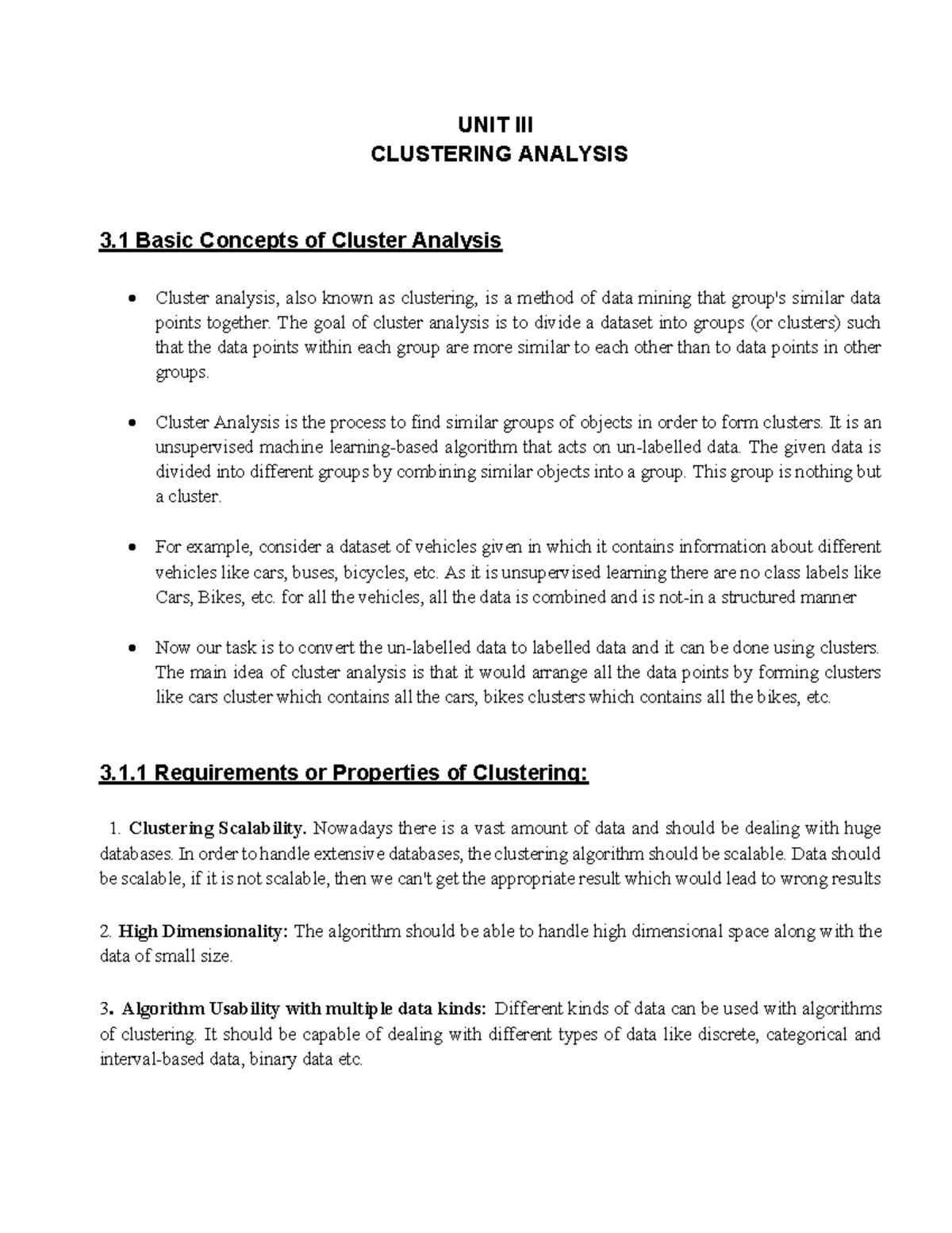 UNIT III: Clustering Analysis - Key Concepts and Methods - Studocu