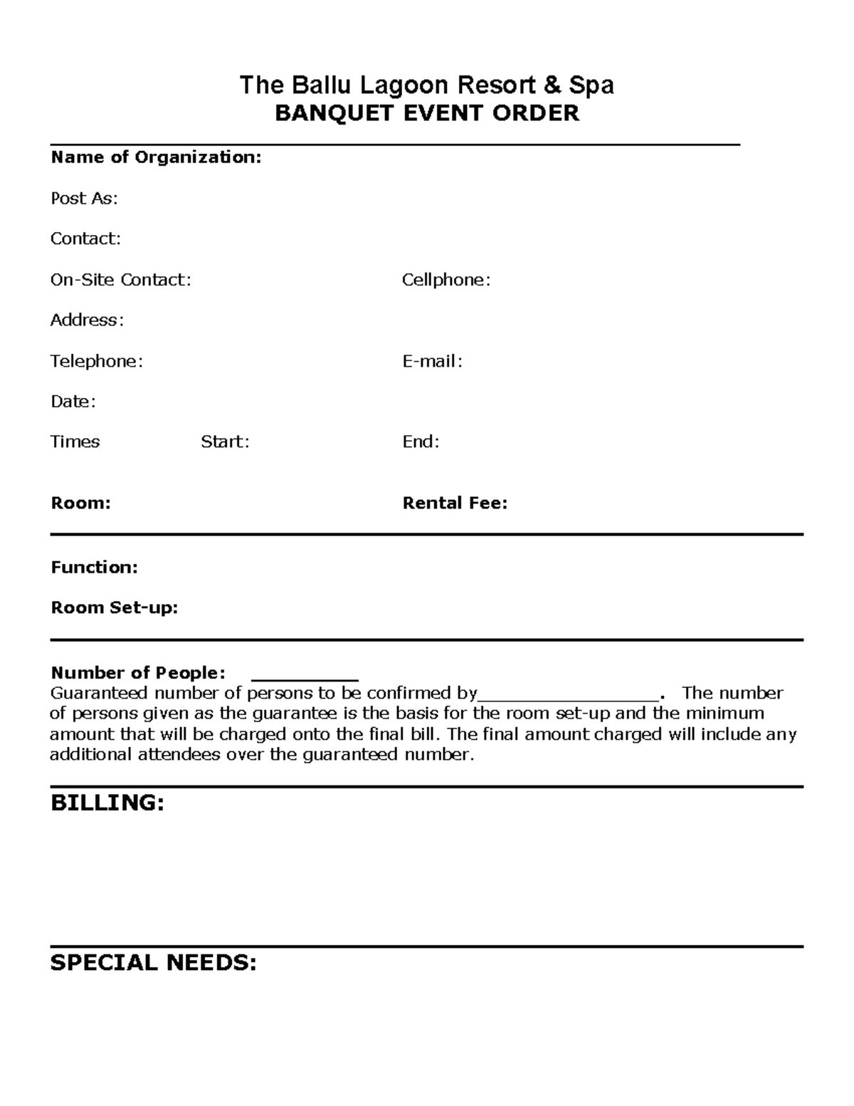 BEO Sample for Event Organization - Ballu Lagoon Resort - Studocu