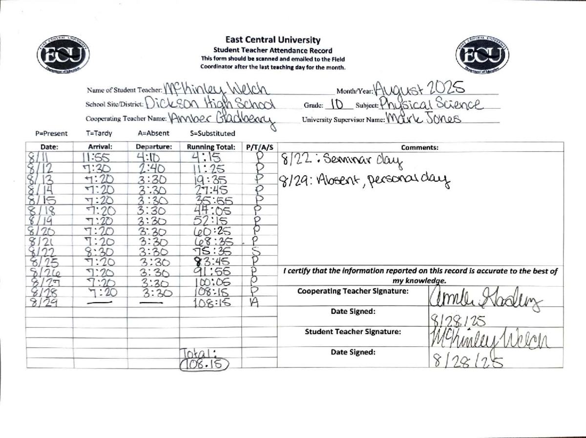 ECU Student Teacher Attendance Record Form - Studocu